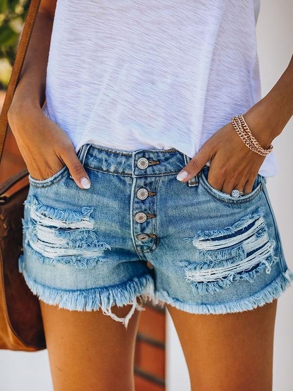 Ripped Fringed Denim Shorts Straight-breasted Pant - Denim Shorts - INS | Online Fashion Free Shipping Clothing, Dresses, Tops, Shoes - 21/04/2021 - Category_Denim Shorts - Color_Light Blue