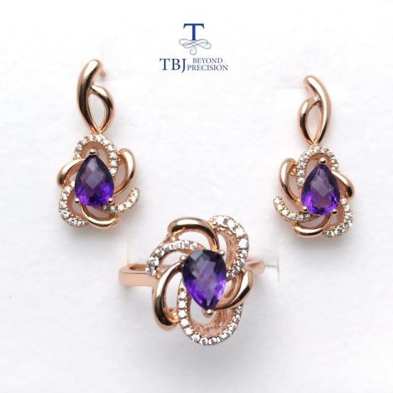 Romantic Design Natural Amethyst Gemstone Ring and Earring  Jewelry Set