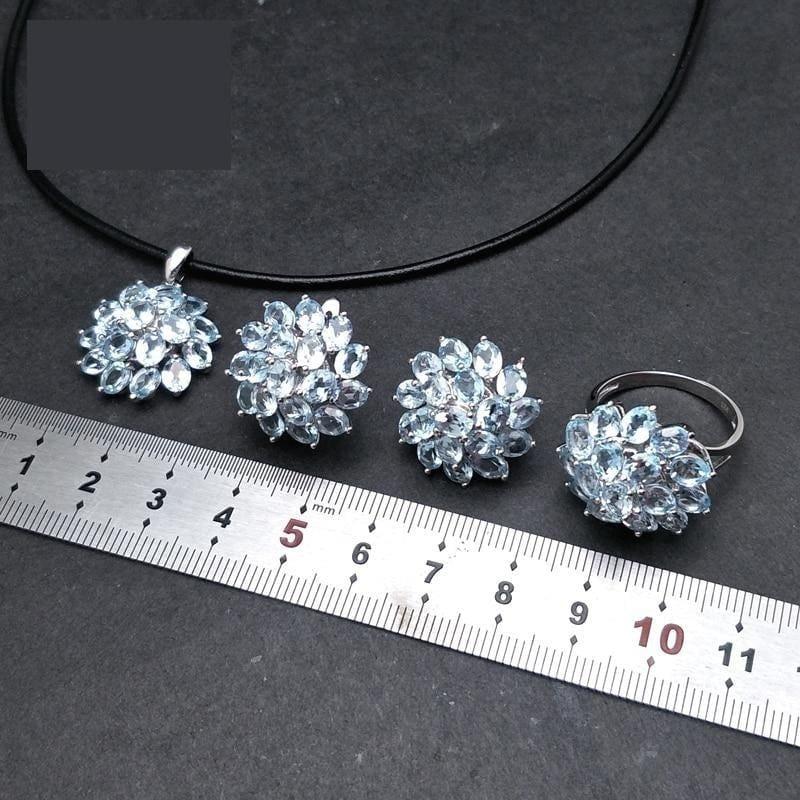 Romantic Natural Blue Topaz Gemstone Ring Pendant Earring Jewelry Set