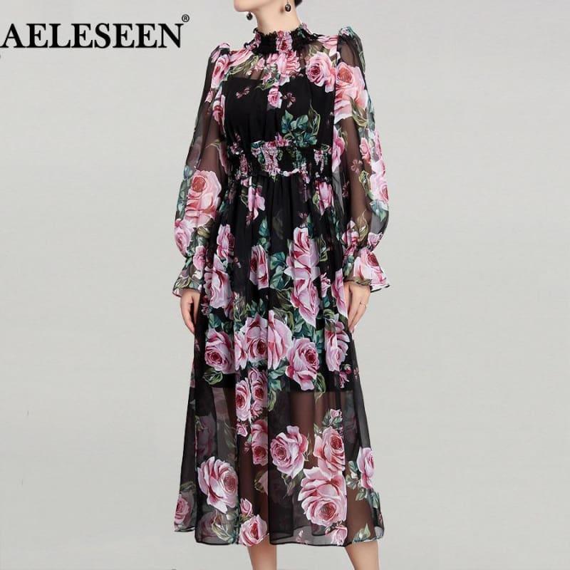 Romantic Rose Print Spring Elegant Turtleneck Waist Elastic Maxi Dress
