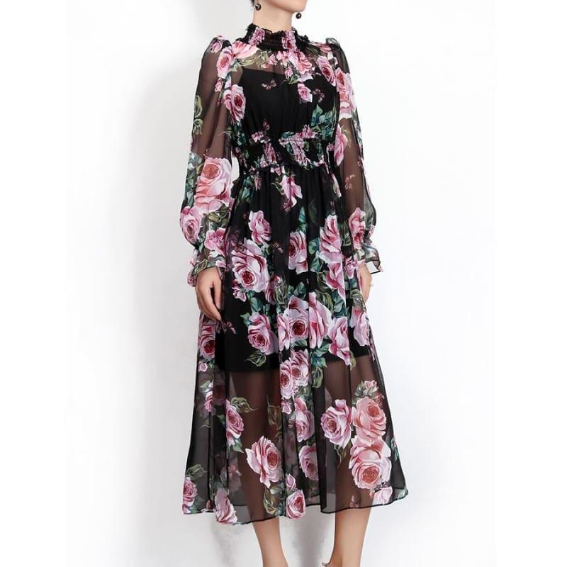 Romantic Rose Print Spring Elegant Turtleneck Waist Elastic Maxi Dress
