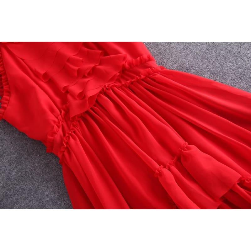 Romantic Sleeveless Elegant Red Chiffon Vintage Ruffles  Summer Party Maxi Dress