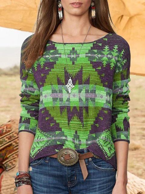 Round Neck Bohemia Print Sweater