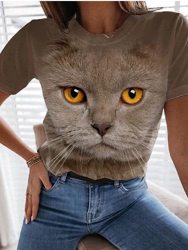 Round Neck Cat Print Short Sleeve Loose T-shirt - T-shirts - INS | Online Fashion Free Shipping Clothing, Dresses, Tops, Shoes - 04/06/2021 - Color_Apricot - Color_Brown