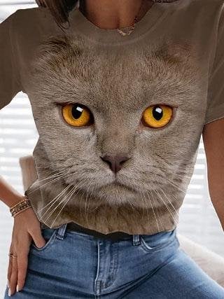 Round Neck Cat Print Short Sleeve Loose T-shirt - T-shirts - INS | Online Fashion Free Shipping Clothing, Dresses, Tops, Shoes - 04/06/2021 - Color_Apricot - Color_Brown