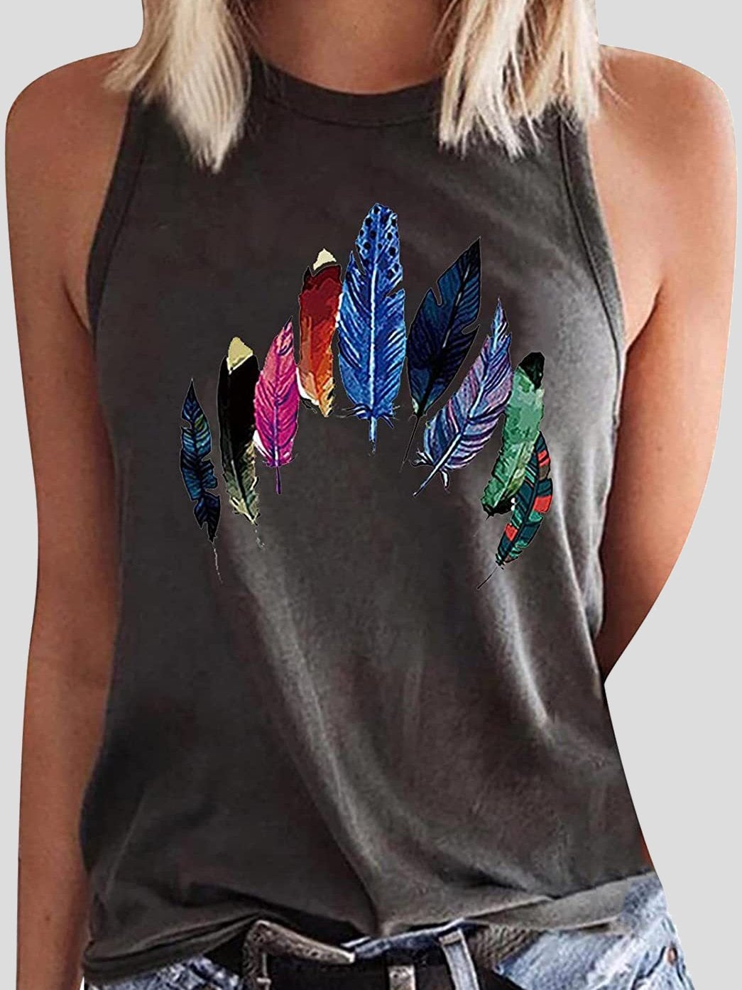 Round Neck Colored Feather Printed Sleeveless Womens Vest - Tank Tops - INS | Online Fashion Free Shipping Clothing, Dresses, Tops, Shoes - 10-20 - 23/07/2021 - color-black
