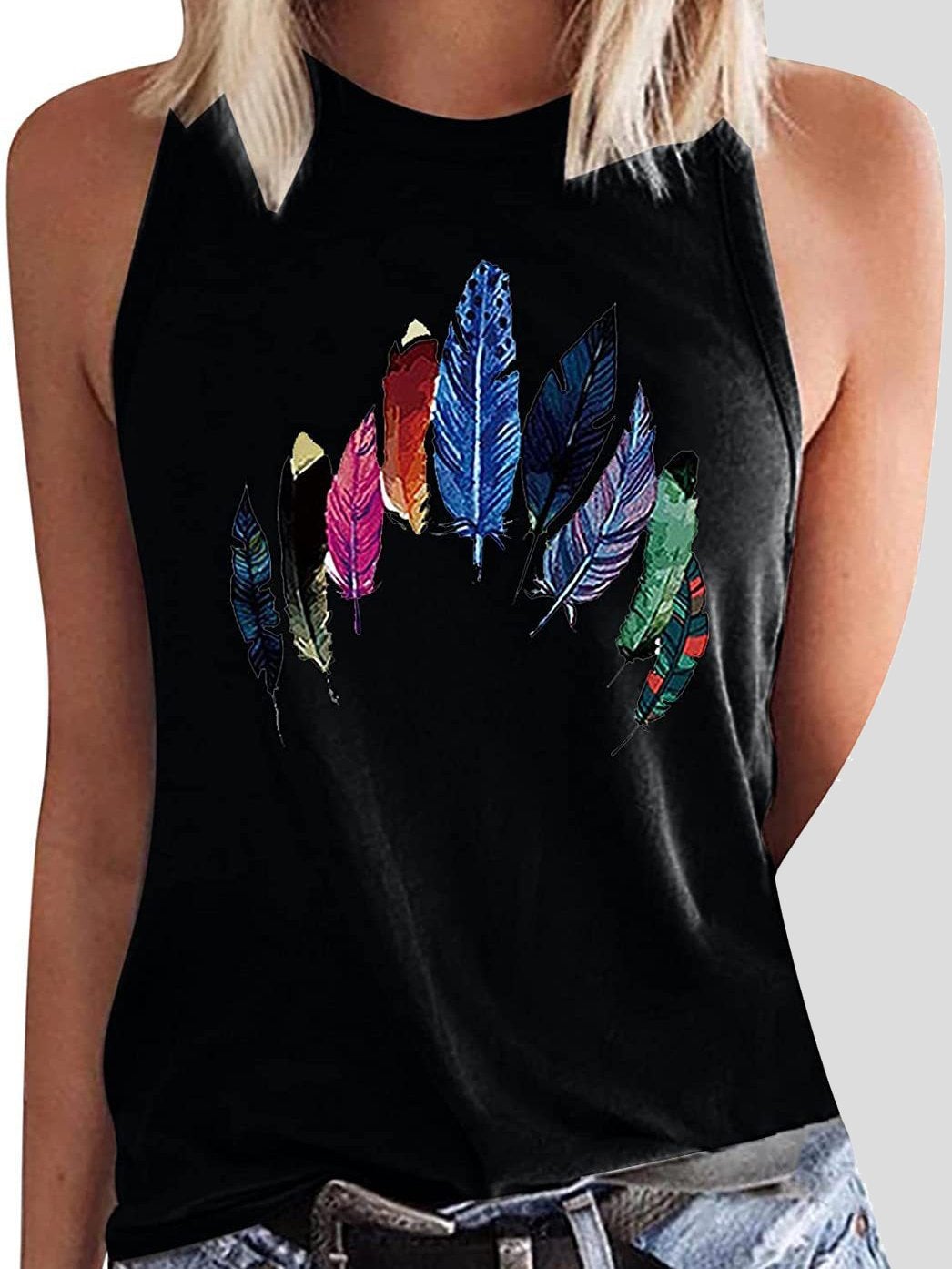 Round Neck Colored Feather Printed Sleeveless Womens Vest - Tank Tops - INS | Online Fashion Free Shipping Clothing, Dresses, Tops, Shoes - 10-20 - 23/07/2021 - color-black
