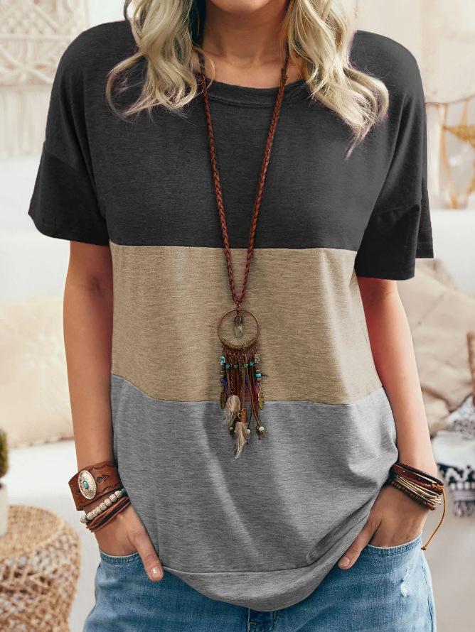 Round Neck Short Sleeve Contrast T-shirt - T-shirts - INS | Online Fashion Free Shipping Clothing, Dresses, Tops, Shoes - 10/06/2021 - Color_Green - Color_Khaki