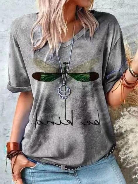 Round Neck Short Sleeve Dragonfly Print T-shirt - T-shirts - INS | Online Fashion Free Shipping Clothing, Dresses, Tops, Shoes - 07/06/2021 - Color_Gray - Color_Green