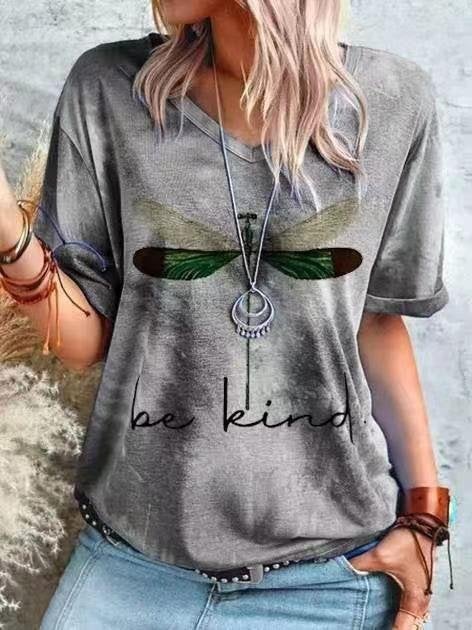Round Neck Short Sleeve Dragonfly Print T-shirt - T-shirts - INS | Online Fashion Free Shipping Clothing, Dresses, Tops, Shoes - 07/06/2021 - Color_Gray - Color_Green