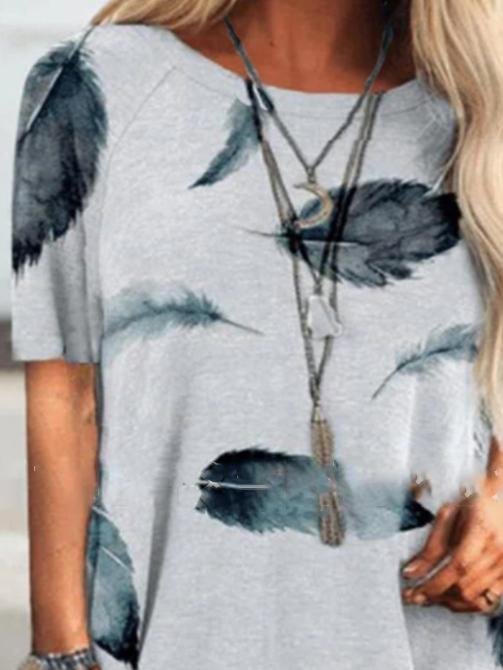 Round Neck Short Sleeve Feather Print T-Shirt - T-Shirts - INS | Online Fashion Free Shipping Clothing, Dresses, Tops, Shoes - 05/07/2021 - 10-20 - Category_T-Shirts