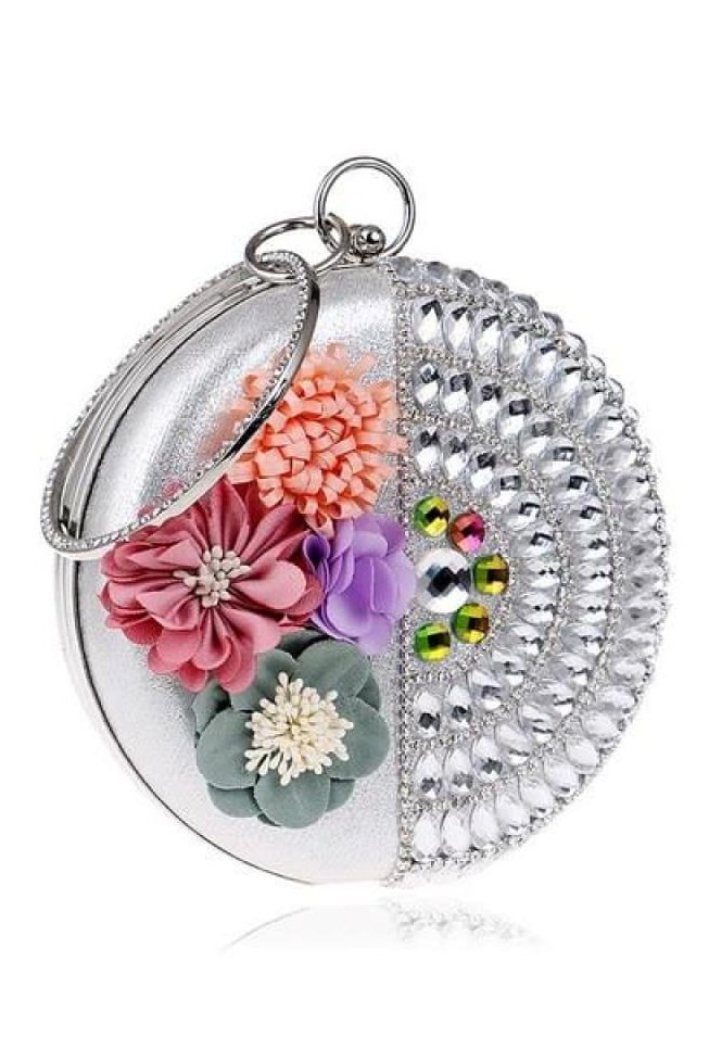 Round Women Rhinestones Beaded  Clutch Flower Diamonds Lady Evening Bag