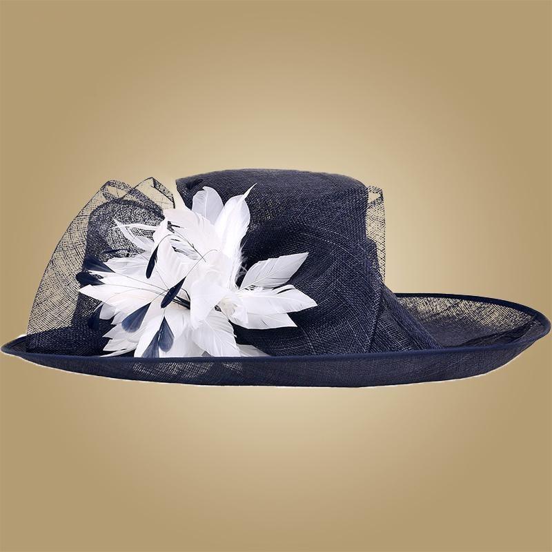 Royal Blue Rose Flower Linen Fedora Large Wide Brim Kentucky Derby Hats