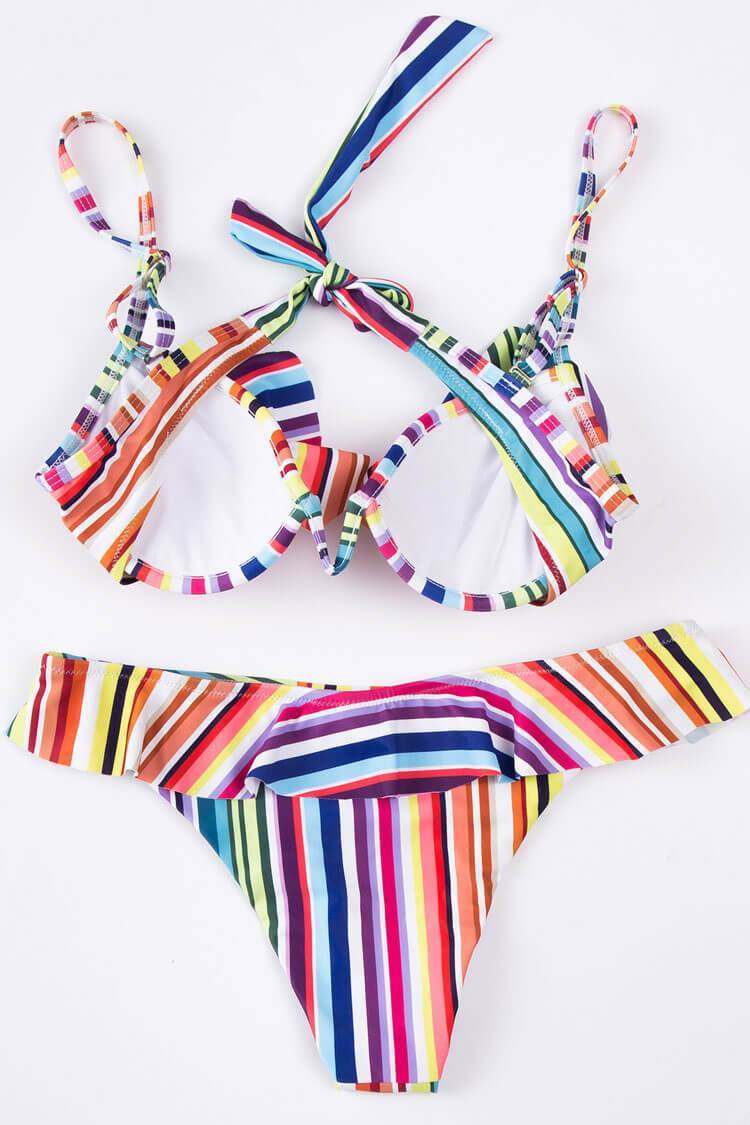 Ruffle Colorful Striped Underwire Bikini Swimsuit - Two Piece Set