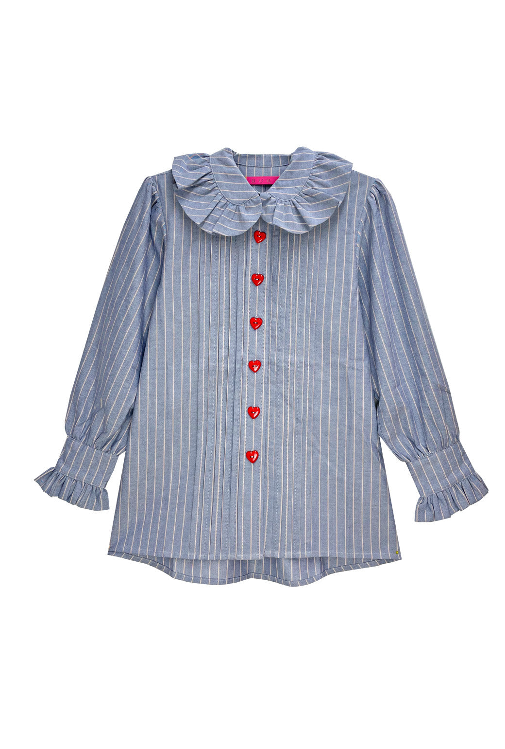 Ruffle Collar Blouse - Blue and Red Oxford