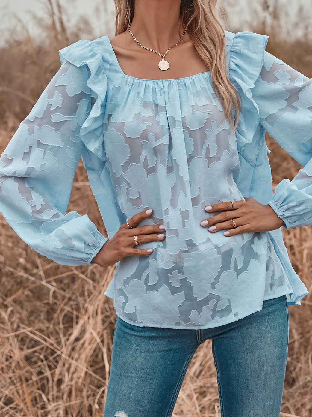 Ruffled Hollow Lace Round Neck Long Sleeve Blouses - Blouses - INS | Online Fashion Free Shipping Clothing, Dresses, Tops, Shoes - 17/06/2021 - 30-40 - Category_Blouses