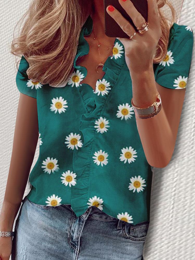 Ruffled Short Sleeve Daisy Print V-Neck Blouses - Blouses - INS | Online Fashion Free Shipping Clothing, Dresses, Tops, Shoes - 10-20 - 17/07/2021 - BLO2107171201