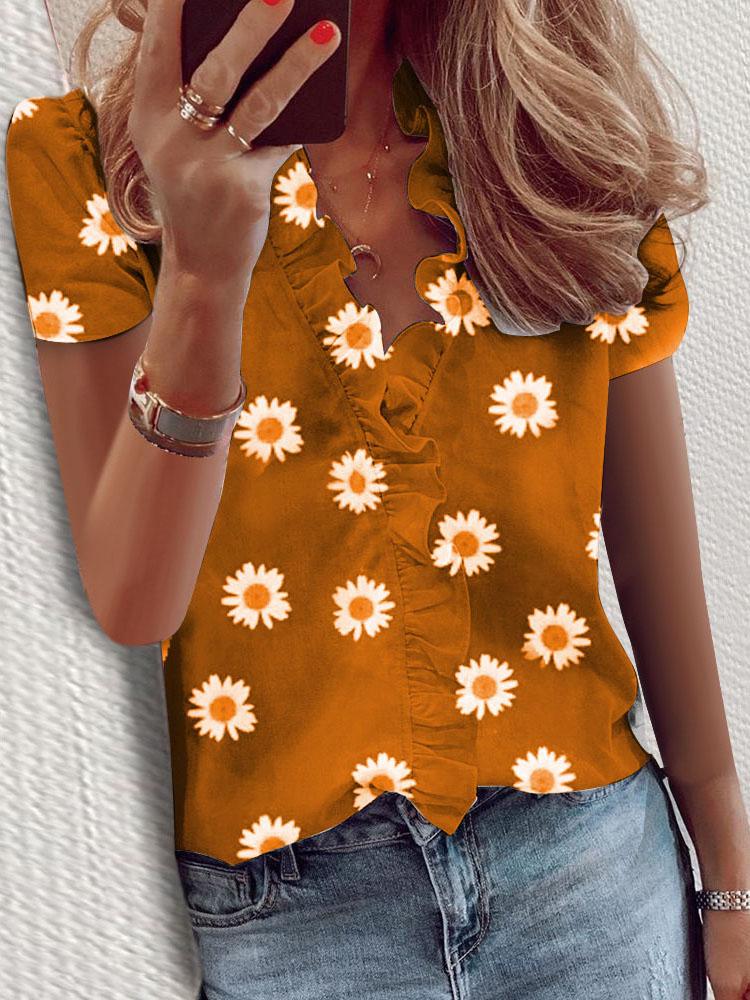 Ruffled Short Sleeve Daisy Print V-Neck Blouses - Blouses - INS | Online Fashion Free Shipping Clothing, Dresses, Tops, Shoes - 10-20 - 17/07/2021 - BLO2107171201