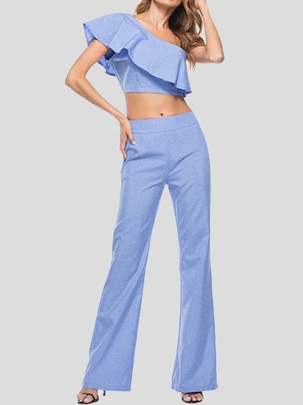 Ruffled Slanted Shoulder Top Slim Pants Two-piece Suit - Sets - INS | Online Fashion Free Shipping Clothing, Dresses, Tops, Shoes - 02/07/2021 - 20-30 - Bottoms