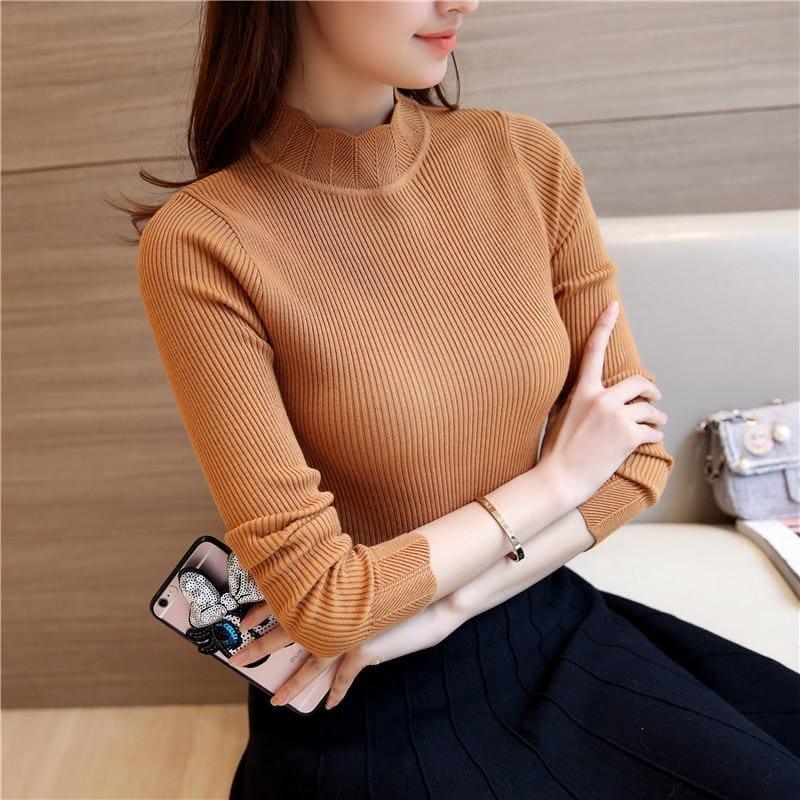 Ruffled Sleeve Turtleneck Solid Slim Fit Sweater Blouse