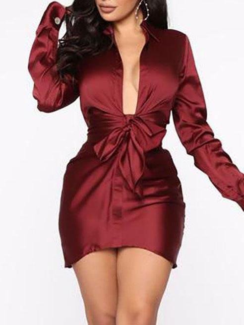 Satin Bow Tie Deep V Mini Dress - Mini Dresses - INS | Online Fashion Free Shipping Clothing, Dresses, Tops, Shoes - 09/04/2021 - Color_Red - Colour_White
