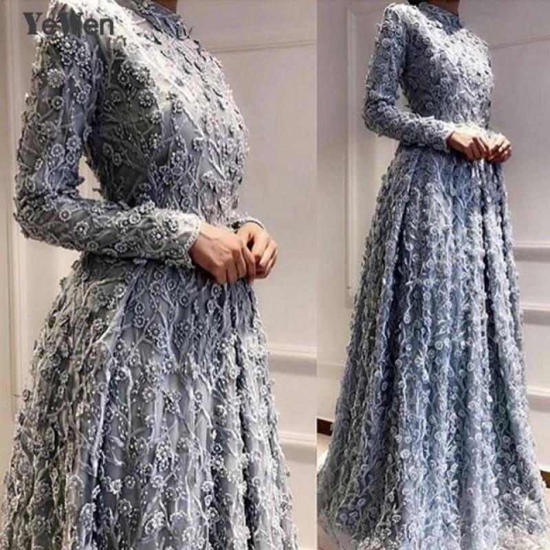 Saudi Arabia Long Sleeves A Line Evening Dress Dubai Kaftan Muslim Crystal Pearl Lace Fabric Formal Prom Party Gown