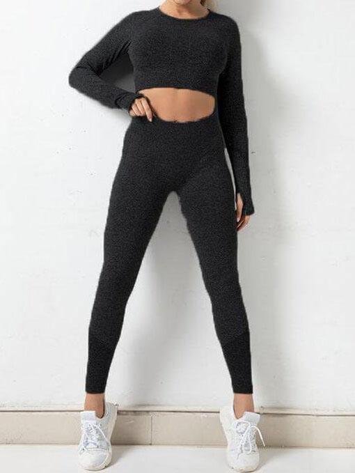 Seamless Solid Color Sports Outfits Sets - Two-piece Outfits - INS | Online Fashion Free Shipping Clothing, Dresses, Tops, Shoes - 02/25/2021 - Autumn - Black
