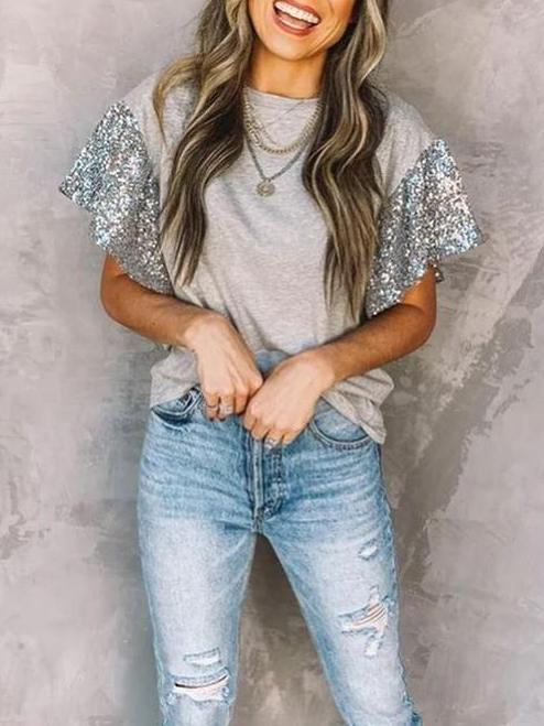 Sequins Ruffle Sleeve Round Neck Casual T-shirt - T-Shirts - INS | Online Fashion Free Shipping Clothing, Dresses, Tops, Shoes - 04/13/2021 - Colour_Black - Colour_Grey