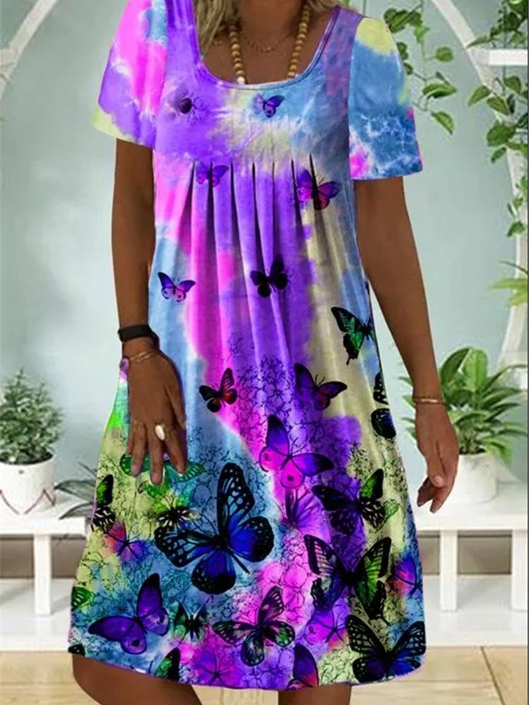 Short Sleeve Round Neck Butterfly Print Dress - Midi Dresses - INS | Online Fashion Free Shipping Clothing, Dresses, Tops, Shoes - 06/07/2021 - 20-30 - Category_Midi Dresses