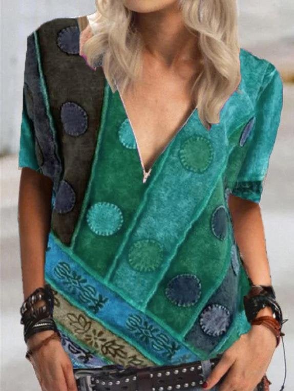 Short Sleeve Vintage Printed V Neck Zip T-shirt - T-Shirts - INS | Online Fashion Free Shipping Clothing, Dresses, Tops, Shoes - 24/05/2021 - Category_T-shirts - Color_Green