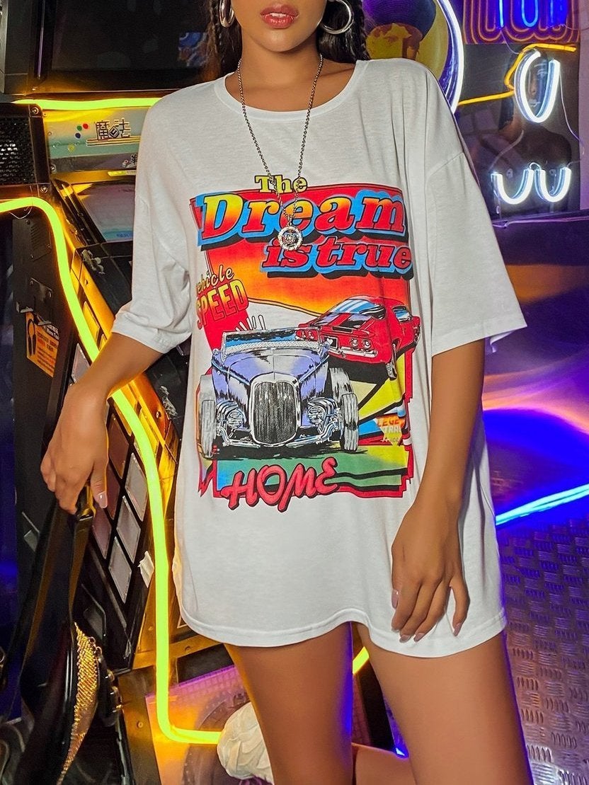 Short-sleeved Boyfriend T-Shirt With Car And Letters - T-Shirts - INS | Online Fashion Free Shipping Clothing, Dresses, Tops, Shoes - 14/05/2021 - 140521 - Category_T-Shirts