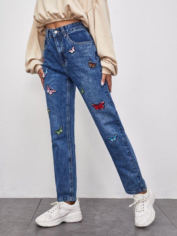 Slant Pocket Butterfly Embroidered Straight Jeans - INS | Online Fashion Free Shipping Clothing, Dresses, Tops, Shoes