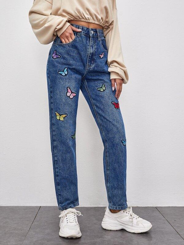 Slant Pocket Butterfly Embroidered Straight Jeans - INS | Online Fashion Free Shipping Clothing, Dresses, Tops, Shoes
