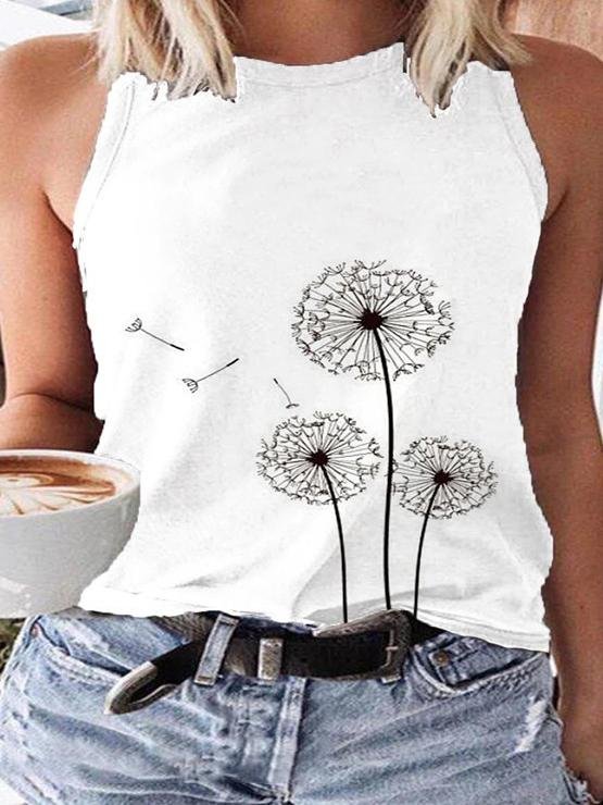 Sleeveless Dandelion Print Crew Neck Tank Top - Tank Tops - INS | Online Fashion Free Shipping Clothing, Dresses, Tops, Shoes - 10-20 - 27/07/2021 - color-white