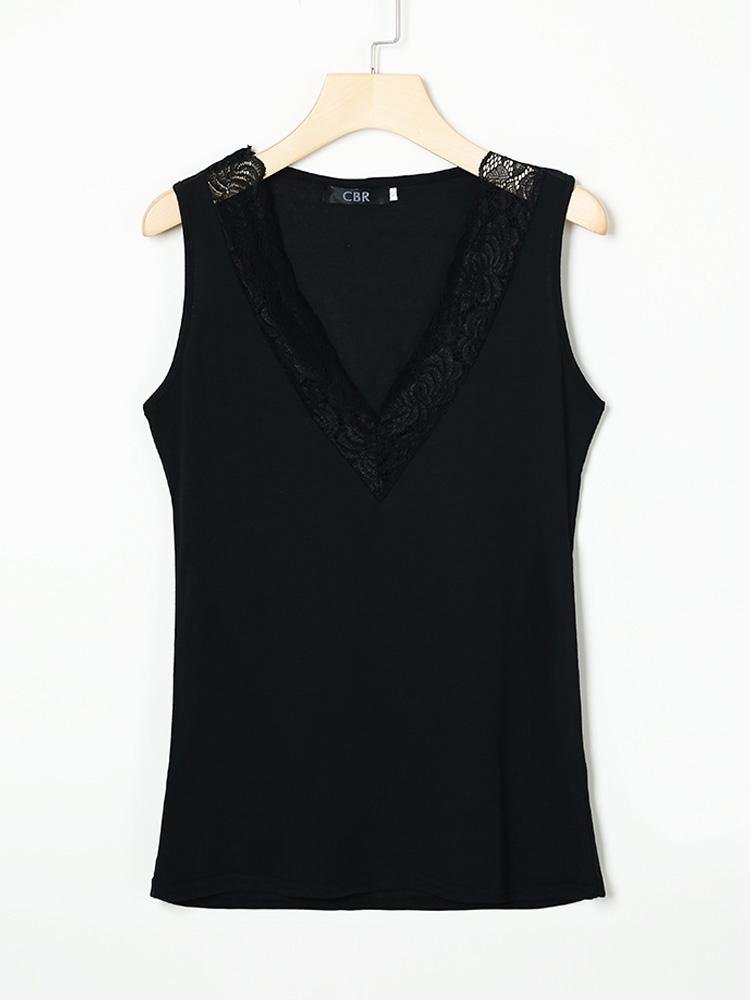 Sleeveless V-Neck Lace Insert Casual Top - Tank Tops - INS | Online Fashion Free Shipping Clothing, Dresses, Tops, Shoes - 27/04/2021 - Color_Black - Season_Spring