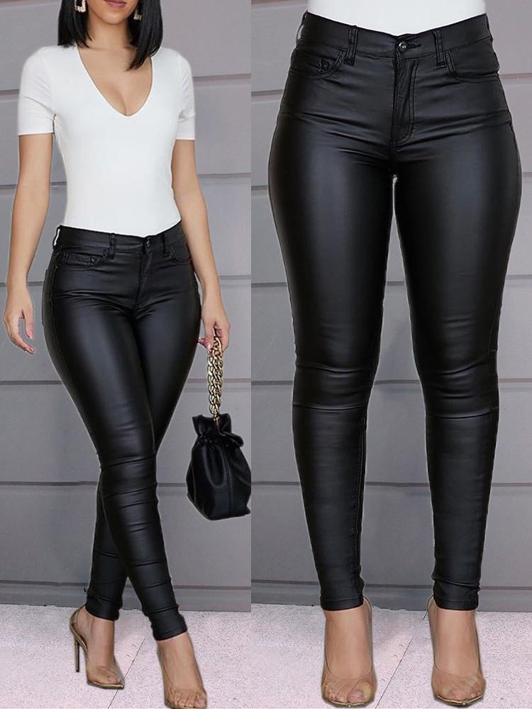 Solid Buttoned Casual Coated PU Pants - Leggings - INS | Online Fashion Free Shipping Clothing, Dresses, Tops, Shoes - 04/05/2021 - Color_Black - LEG210504005