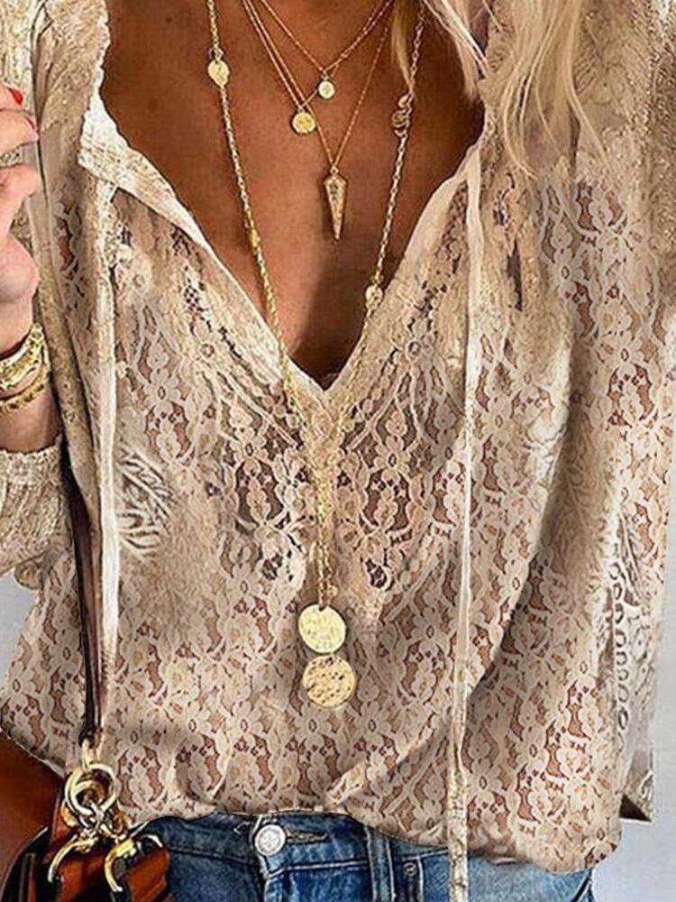 Solid Color Hollow-out Lace Long Sleeve Shirt - Blouses - INS | Online Fashion Free Shipping Clothing, Dresses, Tops, Shoes - 29/04/2021 - BLO210429026 - Blouses