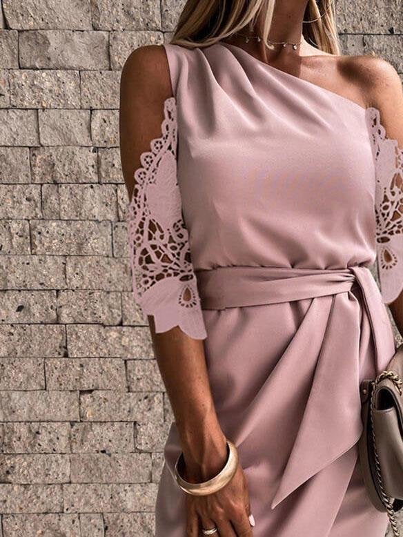 Solid Color Slanted Shoulder Lace Sleeve Midi Dress - Midi Dresses - INS | Online Fashion Free Shipping Clothing, Dresses, Tops, Shoes - 05/06/2021 - Category_Midi Dresses - Color_Black