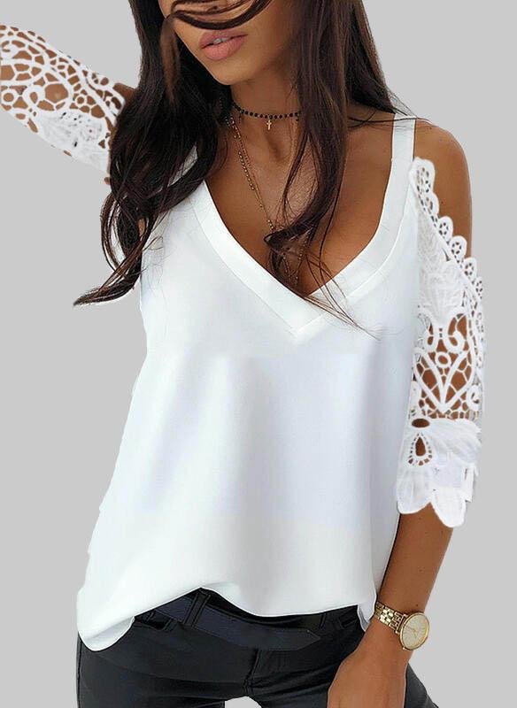 Solid Color V-neck Lace Sleeve T-shirt - T-shirts - INS | Online Fashion Free Shipping Clothing, Dresses, Tops, Shoes - 04/06/2021 - Color_Black - Color_Pink