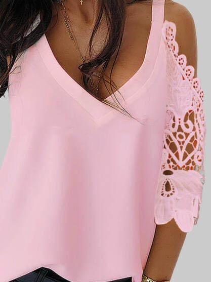 Solid Color V-neck Lace Sleeve T-shirt - T-shirts - INS | Online Fashion Free Shipping Clothing, Dresses, Tops, Shoes - 04/06/2021 - Color_Black - Color_Pink