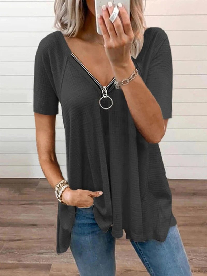 Solid Color V-neck Short-sleeved T-shirt - T-shirts - INS | Online Fashion Free Shipping Clothing, Dresses, Tops, Shoes - 07/06/2021 - Color_Gray - Color_Pink