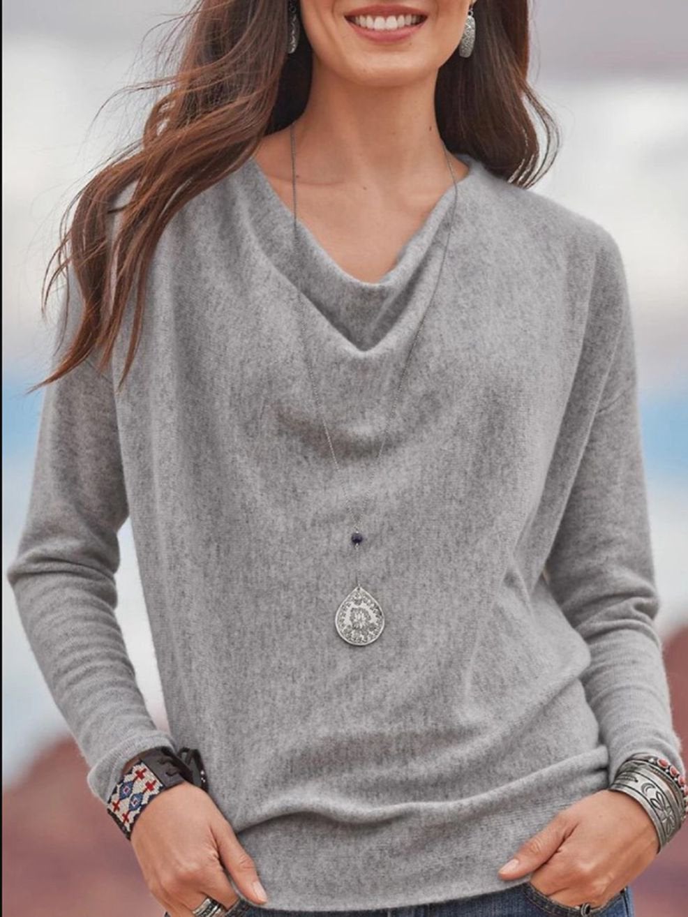 Solid Pleated V-neck Long-sleeved T-shirt - T-shirts - INS | Online Fashion Free Shipping Clothing, Dresses, Tops, Shoes - 05/07/2021 - 10-20 - color-gray