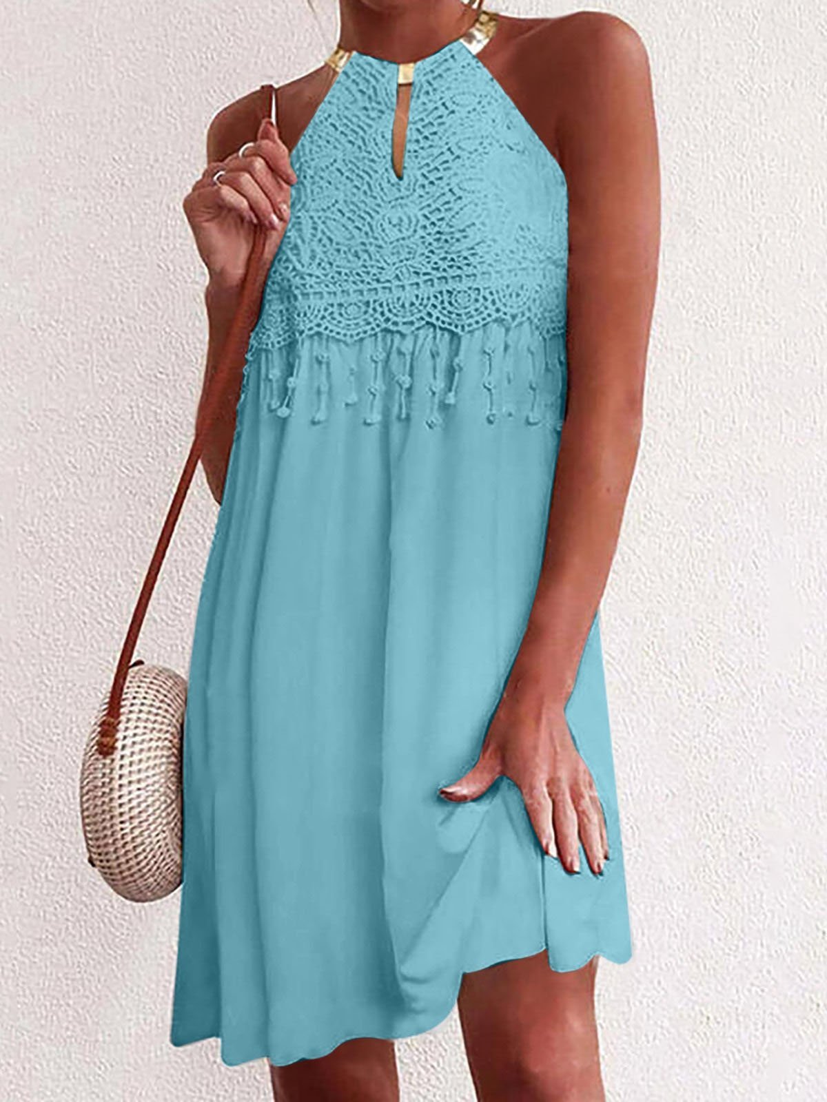 Solid Sleeveless Lace Dangle Mini Dress - Mini Dresses - INS | Online Fashion Free Shipping Clothing, Dresses, Tops, Shoes - 15/07/2021 - 20-30 - Category_Mini Dresses