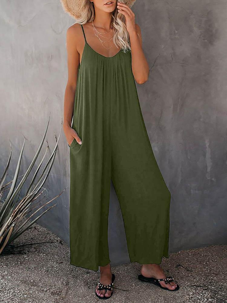 Solid Strap Loose Wide Leg Jumpsuit - Jumpsuits & Rompers - INS | Online Fashion Free Shipping Clothing, Dresses, Tops, Shoes - 30/04/2021 - Color_Army Green - Color_Black