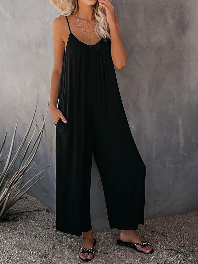 Solid Strap Loose Wide Leg Jumpsuit - Jumpsuits & Rompers - INS | Online Fashion Free Shipping Clothing, Dresses, Tops, Shoes - 30/04/2021 - Color_Army Green - Color_Black