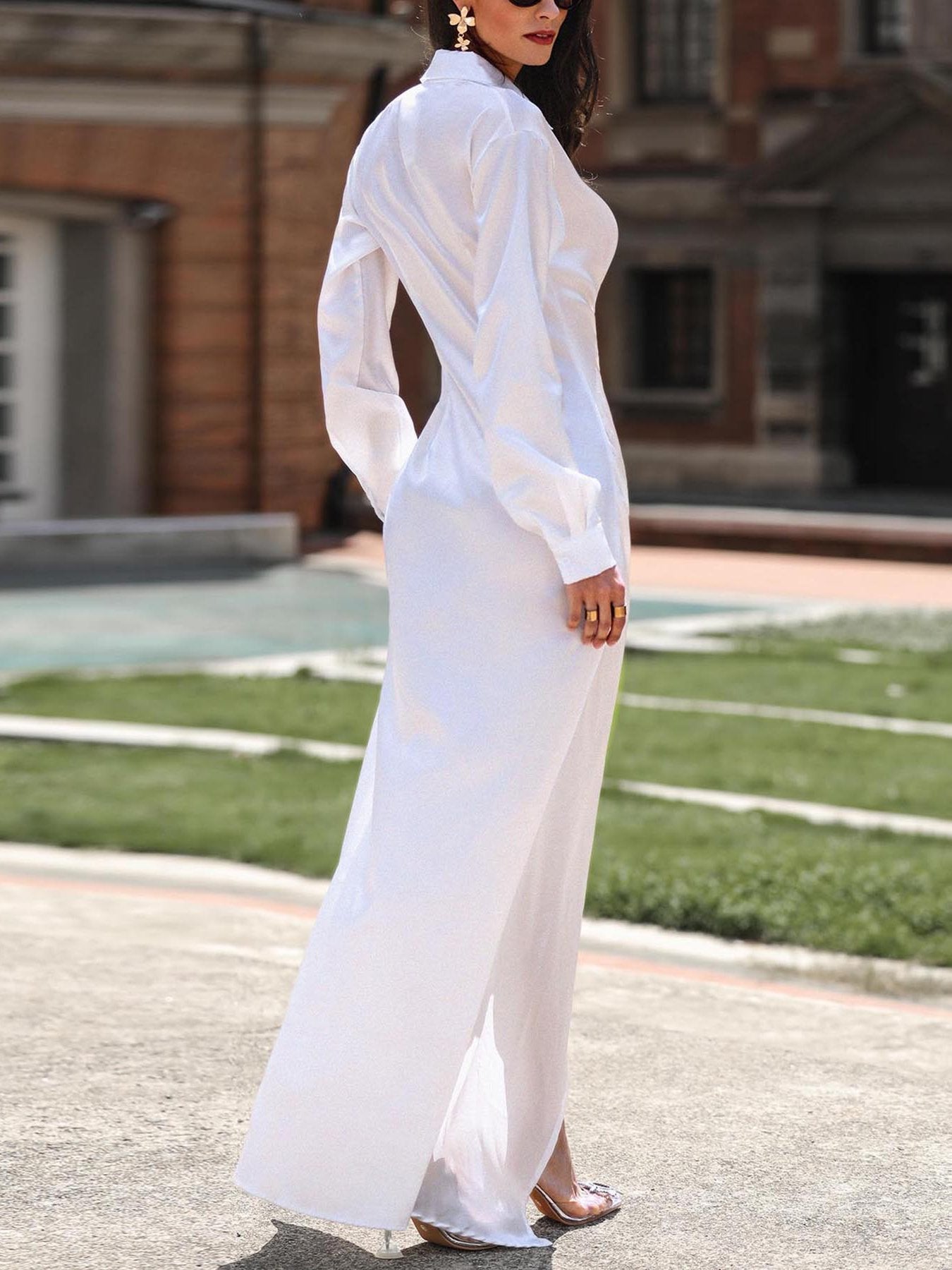 Solid Twisted Design High Slit Maxi Dress - Shirt Dresses - INS | Online Fashion Free Shipping Clothing, Dresses, Tops, Shoes - 29/04/2021 - Category_Shirt Dresses - Color_White