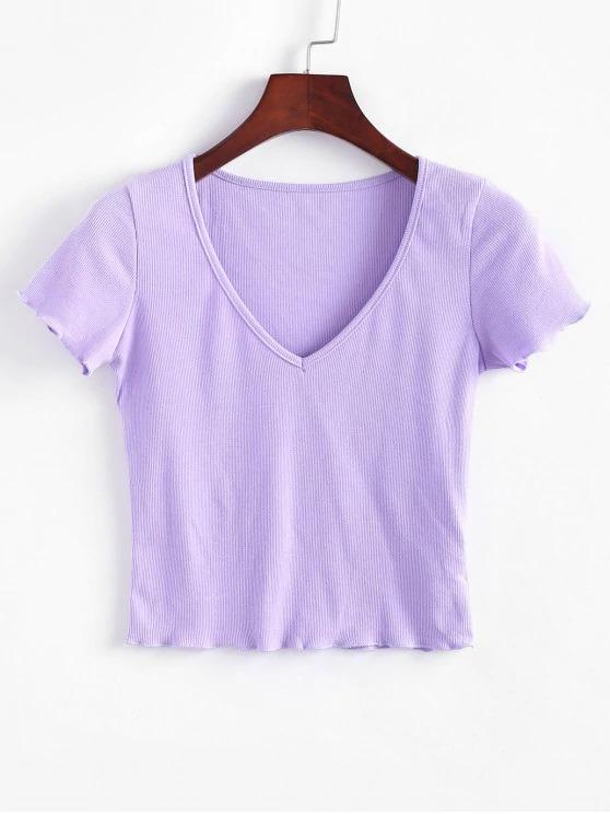 Solid V Neck Ribbed Tee - INS | Online Fashion Free Shipping Clothing, Dresses, Tops, Shoes