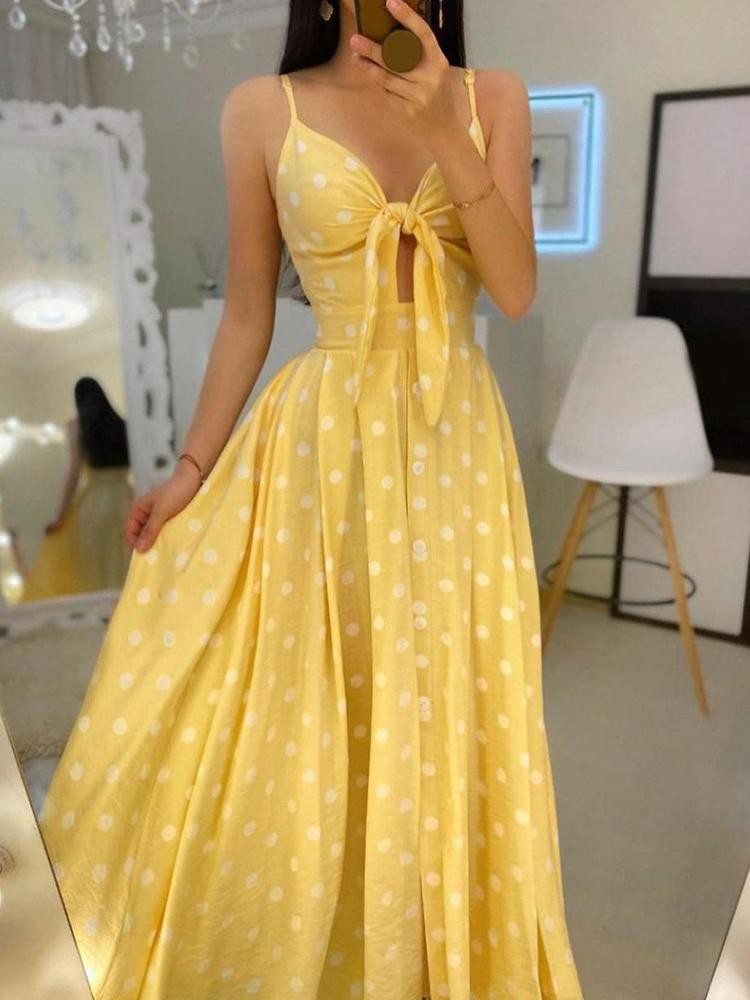 Spaghetti Strap Polkadot Print Knotted Design Maxi Dress - Maxi Dresses - INS | Online Fashion Free Shipping Clothing, Dresses, Tops, Shoes - 28/04/2021 - Color_ Blue - Color_Yellow