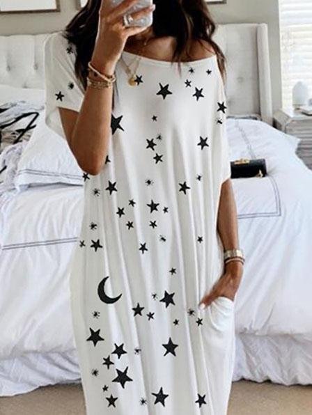 Star And Moon Print Short Sleeve Maxi Dress - Maxi Dresses - INS | Online Fashion Free Shipping Clothing, Dresses, Tops, Shoes - 02/06/2021 - Category_Maxi Dresses - Color_Blue