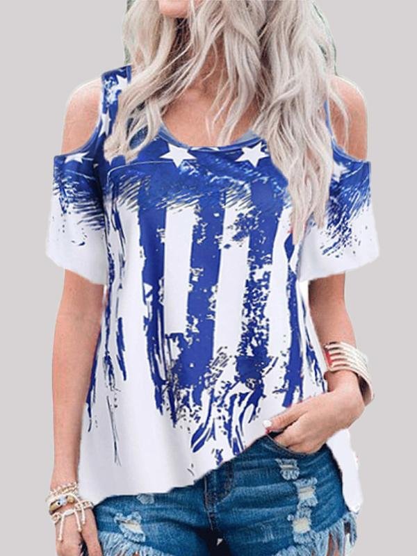 Star Print Short-sleeved Plus Size T-shirt - T-shirts - INS | Online Fashion Free Shipping Clothing, Dresses, Tops, Shoes - 01/06/2021 - Color_Black - Color_Blue